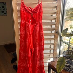 Free People Vibrant Red Paisley Jumpsuit